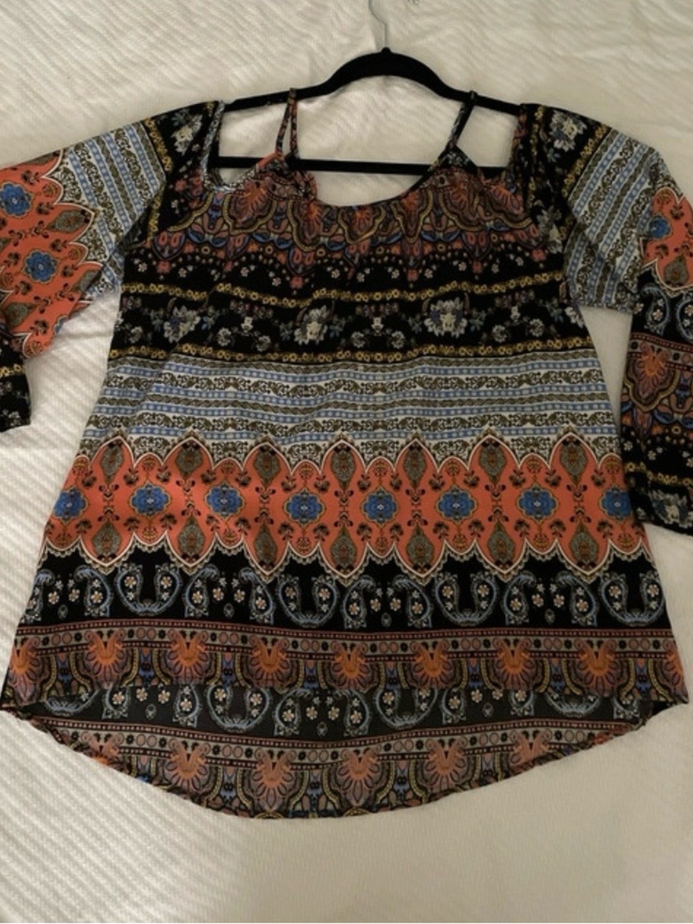 Paper Crane Black and Orange Striped Paisley Cold-Shoulder Tunic